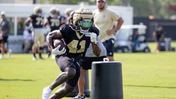 Jul 31, 2023; Metairie, LA, USA;  New Orleans Saints running back Alvin Kamara (41) at Ochsner Sports Performance Center. Mandatory Credit: Stephen Lew-USA TODAY Sports