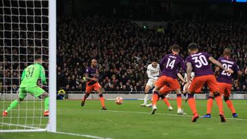 LONDON, ENGLAND - APRIL 09: Son Heung-min of Tottenham Hotspur scores their 1st goal during the UEFA Champions League Quarter Final first leg match between Tottenham Hotspur and Manchester City at Tottenham Hotspur Stadium on April 9, 2019 in London, Engl