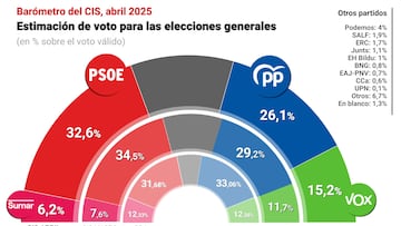 Infografía con estimación de voto según el CIS publicado el 15 de abril de 2025.
15 ABRIL 2025;EPDATAINFOGRAFIA;DATOS;POLITICA
Europa Press
15/04/2025