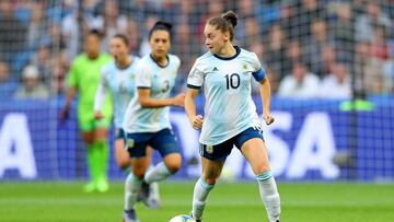 LE HAVRE, FRANCE - JUNE 14: Estefania Banini of Argentina runs with the ball during the 2019 FIFA Women&#039;s World Cup France group D match between England and Argentina at  on June 14, 2019 in Le Havre, France. (Photo by Maddie Meyer - FIFA/FIFA via Getty Images)