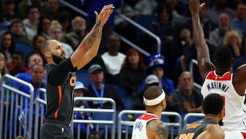 Jan 8, 2020; Orlando, Florida, USA; Orlando Magic guard Evan Fournier (10) shoots a three point basket against the Washington Wizards during the first half at Amway Center. Mandatory Credit: Kim Klement-USA TODAY Sports