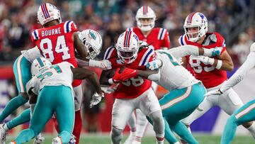 Sep 17, 2023; Foxborough, Massachusetts, USA; New England Patriots running back Rhamondre Stevenson (38) runs the ball during the second half against the Miami Dolphins at Gillette Stadium. Mandatory Credit: Paul Rutherford-USA TODAY Sports