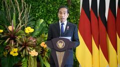 16 June 2022, Indonesia, Bogor: Joko Widodo, President of Indonesia, makes remarks at a press conference with German President Steinmeier after their talks at the Presidential Palace (the Istana Bogor). President Steinmeier is on a two-day visit to Indonesia. He was previously in Singapore for two days. Photo: Bernd von Jutrczenka/dpa (Photo by Bernd von Jutrczenka/picture alliance via Getty Images)