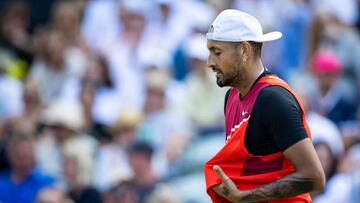 11 June 2022, Baden-Wuerttemberg, Stuttgart: Tennis: ATP Tour - Stuttgart, Singles, Men, Semifinals. Murray (Great Britain) - Kyrgios (Australia). Nick Kyrgios reacts in the match. Photo: Tom Weller/dpa (Photo by Tom Weller/picture alliance via Getty Images)