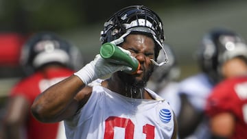 Jul 22, 2019; Flowery Branch, GA, USA; Atlanta Falcons defensive end Chris Odom (91) tries to cool off during the first day of training camp at Falcons Training Complex. Mandatory Credit: Dale Zanine-USA TODAY Sports