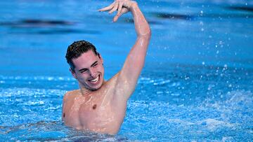 Spain's Dennis Gonzalez Boneu competes in the final of the men's solo technical artistic swimming event during the 2024 World Aquatics Championships at Aspire Dome in Doha on February 5, 2024. (Photo by SEBASTIEN BOZON / AFP)