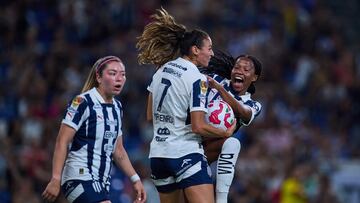 Christina Burkenroad celebrates her goal 2-0 with Jermaine Seoposenwe of Monterrey during the 17h round match between Monterrey and Leon as part of the Torneo Clausura 2025, Liga MX Femenil at BBVA Bancomer Stadium on April 18, 2025 in Monterrey, Nuevo Leon Mexico.