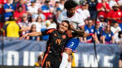 Colombia's forward #19 Rafael Santos Borre (L) fights for the ball with USA's defender #03 Chris Richards during the international friendly football match between the USA and Colombia at Commanders Field in Greater Landover, Maryland, on June 8, 2024. (Photo by ROBERTO SCHMIDT / AFP)