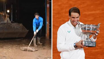 Rafa Nadal achica agua tras las inundaciones en Mallorca en 2018 y posa con el trofeo de campe&oacute;n de Roland Garros 2020.