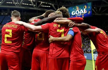 De Bruyne (centre) celebrates with his Belgium team-mates after scoring the side's second against Brazil.