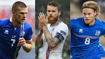 Johann Berg Gudmundsson, Aron Gunnarsson y Birkir Bjarnason de la Selecci&oacute;n de F&uacute;tbol de Islandia.