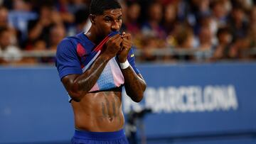SANT JOAN DESPI (BARCELONA), 10/08/2025.- El delantero británico del Fc Barcelona Marcus Rashford durante el encuentro correspondiente a la 60.ª edición del Trofeo Joan Gamper que FC Barcelona y Como 1907 juegan este domingo en el estadio Johan Cruyff de la localidad barcelonesa de Sant Joan Despi. EFE/Quique García