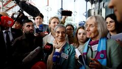 Anne Mahrer and Rosmarie Wydler-Walti, of the Swiss elderly women group Senior Women for Climate Protection, talk to journalists after the verdict of the court in the climate case Verein KlimaSeniorinnen Schweiz and Others v. Switzerland, at the European Court of Human Rights (ECHR) in Strasbourg, France April 9, 2024. REUTERS/Christian Hartmann