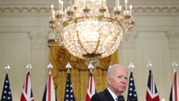 US President Joe Biden delivers remarks on a National Security Initiative virtually with Australian Prime Minister Scott Morrison and British Prime Minister Boris Johnson, both not pictured.