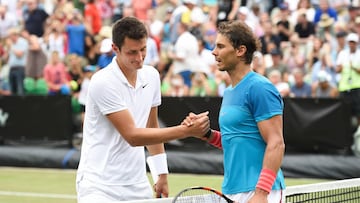 STUTTGART, GERMANY - JUNE 12: Rafael Nadal of Spain shaking hands after his win against Bernard Tomic of Australia at the Mercedes Cup on June 12, 2015 in Stuttgart, Germany. (Photo by Peter Staples/ATP World Tour/ATP via Getty Images).