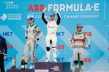 Sam Bird, Edoardo Mortara y Lucas Di Grassi en el podio del Eprix de Hong Kong. 