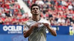 PAMPLONA, 16/03/2024.- El centrocampista del Real Madrid Brahim Díaz celebra el tercer gol de su equipo durante el partido de la LaLiga EA Sports entre Osasuna y Real Madrid este sábado en el estadio de El Sadar en Pamplona.-EFE/ Jesús Diges
