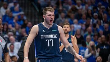 Apr 25, 2022; Dallas, Texas, USA; Dallas Mavericks guard Luka Doncic (77) celebrates making a foul call against the Utah Jazz during the third quarter in game five of the first round for the 2022 NBA playoffs at American Airlines Center. Mandatory Credit: Jerome Miron-USA TODAY Sports