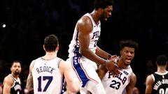 Nov 25, 2018; Brooklyn, NY, USA; Philadelphia 76ers forward Jimmy Butler (23) reacts with center Joel Embiid (21) and guard JJ Redick (17) in the fourth quarter against the Brooklyn Nets at Barclays Center. Mandatory Credit: Nicole Sweet-USA TODAY Sports