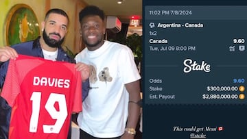 Drake apuesta 300 mil dólares a que Canadá elimina a Argentina