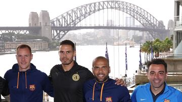 SYDNEY, AUSTRALIA - MAY 24: Marc-André ter Stegen of FC Barcelona, Jack Rodwell of the A-Leagues All Stars, Dani Alves of FC Barcelona and FC Barcelona Coach Xavi Hernandez pose during a media opportunity at Pullman Grand Quay Sydney on May 24, 202