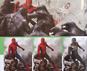 Spider-Man | Ms trabajos conceptuales sobre la apariencia de Spidey con el traje Stark, variaciones sobre el que pudimos ver en Homecoming y la propia Infinity War; por otro lado, los dos ltimos de la zona inferior nos dejan ver detalles que al parecer han sido llevados a la nueva pelcula original del Hombre Ara?a, tanto en el traje estndar como el supuesto traje negro filtrado en las ltimas semanas.