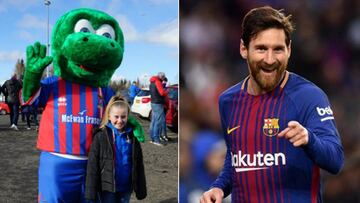 Im&aacute;genes de Lionel Nessi, la mascota del Inverness Caledonian Thistle Football Club (ICFTC) con una ni&ntilde;a, y de Lionel Messi celebrando un gol con el FC Barcelona.