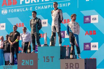 Sébastien Buemi, Mitch Evans y Antonio Felix Da Costa en el podio de Nueva York. 