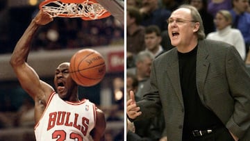 El jugador de los Chicago Bulls de la NBA, Michael Jordan, a la izquierda; el entrenador de los Seattle SuperSonics, George Karl, a la derecha