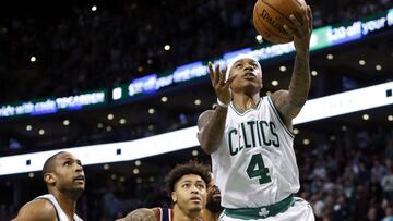 Jan 11, 2017; Boston, MA, USA; Boston Celtics point guard Isaiah Thomas (4) drives to the basket during the fourth quarter against the Washington Wizards at TD Garden. The Boston Celtics won 117-108. Mandatory Credit: Greg M. Cooper-USA TODAY Sports