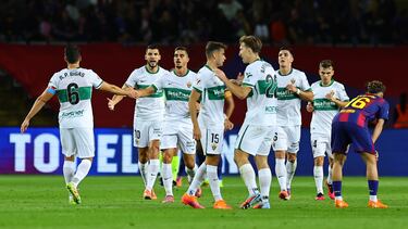 Los jugadores del Elche celebran el 2-1 de Rafa Mir. 

