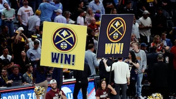 May 18, 2023; Denver, Colorado, USA; Denver Nuggets cheerleaders celebrate with signs after the win against the Los Angeles Lakers in game two of the Western Conference Finals for the 2023 NBA playoffs at Ball Arena. Mandatory Credit: Isaiah J. Downing-USA TODAY Sports