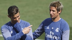 Cristiano Ronaldo y Coentrao en un entrenamiento del Real Madrid.