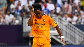 CHICAGO, ILLINOIS - JULY 31: Endryck Moreira #16 of Real Madrid reacts after his shot on goal in the first half of a friendly soccer match between AC Milan and Real Madrid at Soldier Field on July 31, 2024 in Chicago, Illinois. Quinn Harris/Getty Images/AFP (Photo by Quinn Harris / GETTY IMAGES NORTH AMERICA / Getty Images via AFP)