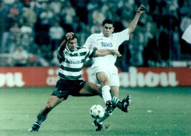 (CLASIFICADO) La última participación del Madrid en la vieja Copa de la UEFA se dilucidó por la norma de los goles en campo contrario. Martín Vázquez marcó el gol del 1-0 en el Bernabéu y el gol de Laudrup en Lisboa bastó para lograr la clasificación (2-1 con goles de Sa Pinto y Océano para los lisboetas). Algunos de los rivales de aquella eliminatoria luego acabaron en el Madrid. El Sporting contaba en sus filas con Figo y al frente del equipo estaba Carlos Queiroz. 