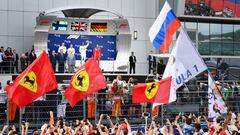 SOCHI, RUSSIA - SEPTEMBER 30:  A general view of race winner Lewis Hamilton of Great Britain and Mercedes GP, second placed Valtteri Bottas of Finland and Mercedes GP and third placed Sebastian Vettel of Germany and Ferrari on the podium during the Formul