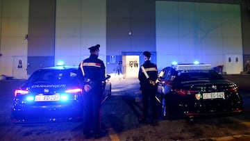 Police officers stand guard near the site where several people were injured, including Monza's football player Pablo Mari, after a stabbing incident in Assago, near Milan, Italy October 27, 2022. REUTERS/Flavio Lo Scalzo