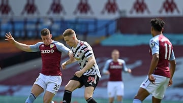 Aston Villa&#039;s English midfielder Ross Barkley (L) vies for the ball against Manchester United&#039;s Scottish midfielder Scott McTominay (C) during the English Premier League football match between Aston Villa and Manchester United at Villa Park in B