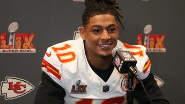 Feb 5, 2025; New Orleans, LA, USA; Kansas City Chiefs running back Isiah Pacheco (10) in a press conference ahead of Super Bowl LIX at New Orleans Marriott. Mandatory Credit: Kirby Lee-Imagn Images