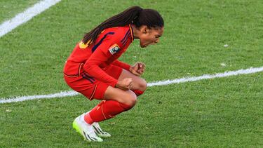 Spain's forward #18 Salma Paralluelo celebrates her team's victory after the end of the Australia and New Zealand 2023 Women's World Cup quarter-final football match between Spain and the Netherlands at Wellington Stadium on August 11, 2023. (Photo by Grant Down / AFP)