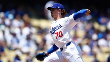 Justin Wrobleski, #70 of the Los Angeles Dodgers, throws against the Milwaukee Brewers in the first inning at Dodger Stadium on July 07, 2024, in Los Angeles, California.