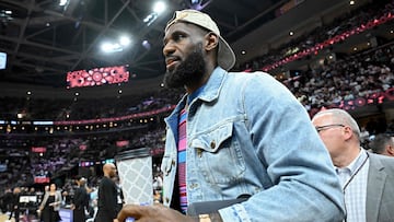 CLEVELAND, OHIO - MAY 13: LeBron James attends Game Four of the Eastern Conference Second Round Playoffs at Rocket Mortgage Fieldhouse on May 13, 2024 in Cleveland, Ohio. NOTE TO USER: User expressly acknowledges and agrees that, by downloading and or using this photograph, User is consenting to the terms and conditions of the Getty Images License Agreement. Nick Cammett/Getty Images/AFP (Photo by Nick Cammett / GETTY IMAGES NORTH AMERICA / Getty Images via AFP)