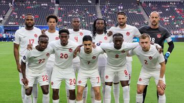 LAS VEGAS, NEVADA - JUNE 15: (L-R, front) Canada players Richmond Laryea #22, Jonathan David #20, Stephen Eustaquio #7 Ismael Kone #8 and Alistair Johnston #2 and (L-R, back) Cyle Larin #17, Tajon Buchanan #11, Kamal Miller #4, Samuel Adekugbe #3, Steven Vitoria #5 and Milan Borjan #18 pose for a photo before their game against Panama during the 2023 CONCACAF Nations League semifinals at Allegiant Stadium on June 15, 2023 in Las Vegas, Nevada. Canada defeated Panama 2-0.   Ethan Miller/Getty Images/AFP (Photo by Ethan Miller / GETTY IMAGES NORTH AMERICA / Getty Images via AFP)