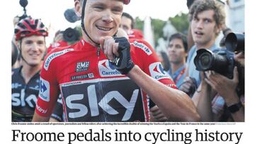 Portada del suplemento de deportes de The Guardian, con Chris Froome en feliz tras ganar la Vuelta a Espa&ntilde;a.