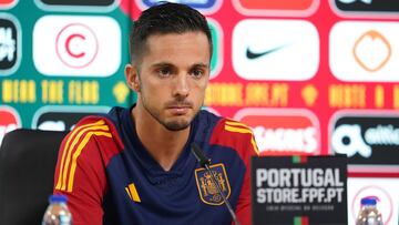 Braga (Portugal), 26/09/2022.- Spain's Pablo Sarabia attends a press conference in Braga, Portugal, 26 September 2022. Spain will face Portugal in their UEFA Nations League soccer match on 27 September 2022. (Espa?a) EFE/EPA/HUGO DELGADO