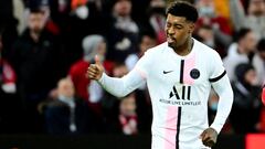 Paris Saint-Germain's French defender Presnel Kimpembe celebrates after scoring a goal during the French L1 football match between Lille and Paris Saint-Germain at the Pierre-Mauroy stadium in Villeneuve-d'Ascq, near Lille, on February 6, 2022. (Photo by DENIS CHARLET / AFP)