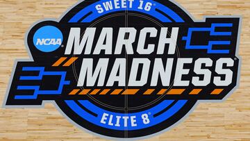 GREENVILLE, SOUTH CAROLINA - MARCH 24: A view of the March Madness logo at center court before the game between the Miami Hurricanes and the Villanova Wildcats in the Sweet 16 round of the NCAA Women's Basketball Tournament at Bon Secours Wellness Arena on March 24, 2023 in Greenville, South Carolina.   Kevin C. Cox/Getty Images/AFP (Photo by Kevin C. Cox / GETTY IMAGES NORTH AMERICA / Getty Images via AFP)