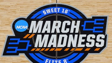 GREENVILLE, SOUTH CAROLINA - MARCH 24: A view of the March Madness logo at center court before the game between the Miami Hurricanes and the Villanova Wildcats in the Sweet 16 round of the NCAA Women's Basketball Tournament at Bon Secours Wellness Arena on March 24, 2023 in Greenville, South Carolina.   Kevin C. Cox/Getty Images/AFP (Photo by Kevin C. Cox / GETTY IMAGES NORTH AMERICA / Getty Images via AFP)