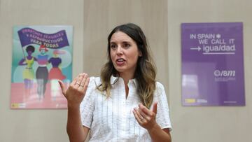 Spain's Minister of Equality Irene Montero speaks after an interview with Reuters amid controversy over kiss of Spanish FA chief Luis Rubiales to player Jennifer Hermoso during World Cup celebrations, at the ministry headquarters in Madrid, Spain, August 30, 2023. REUTERS/Violeta Santos Moura