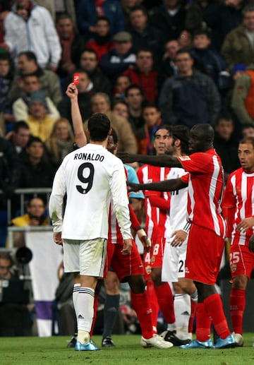Ronaldo's first red card for Real Madrid came in December of his maiden season at the club, when he collected two quickfire bookings against Almería - the first for removing his shirt as he celebrated a goal, the second for kicking out at Juanma Ortiz.